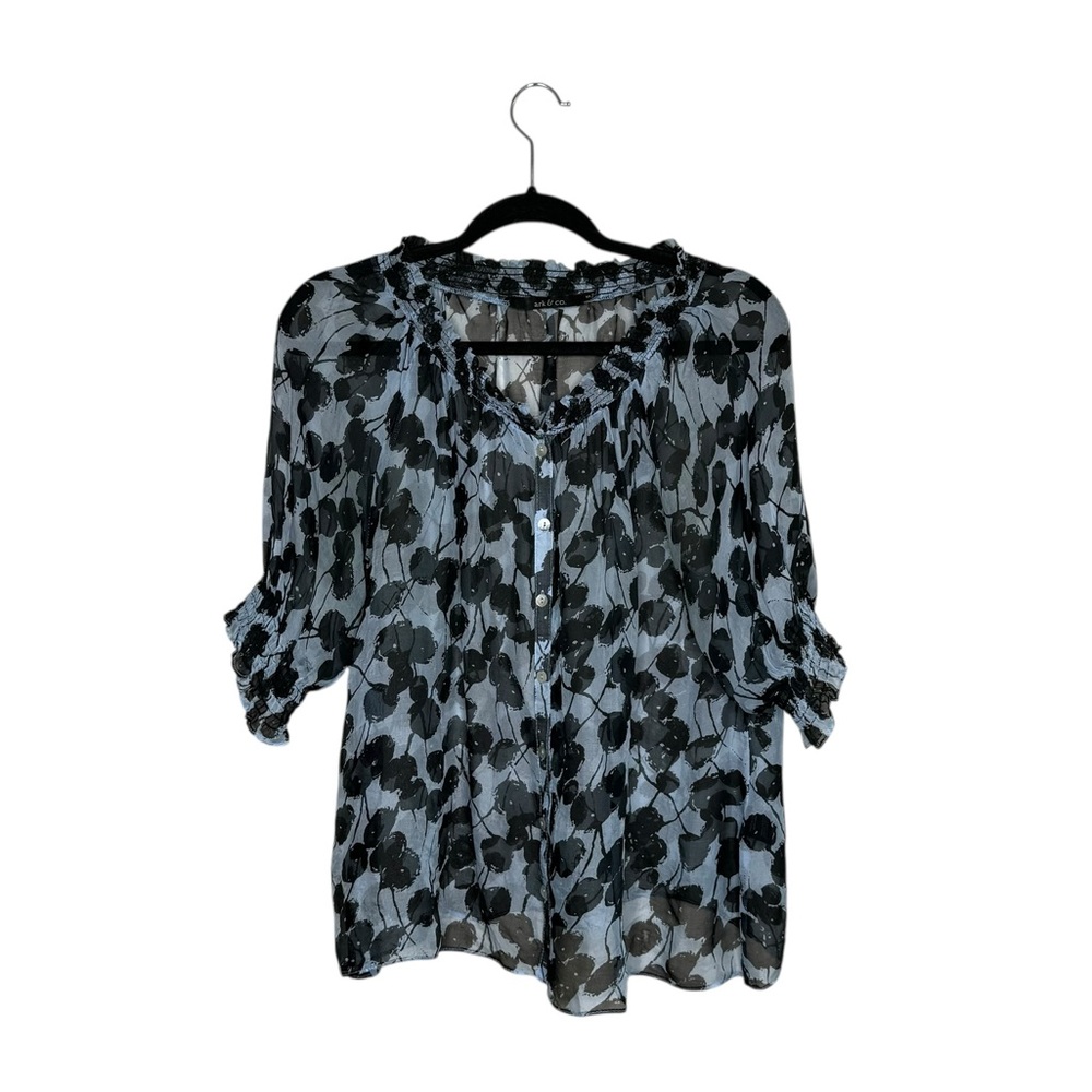 Vtg Ark & Co 100% Silk Dark Blue Sheer Peasant Top Blouse Whimsigoth Cottagecore